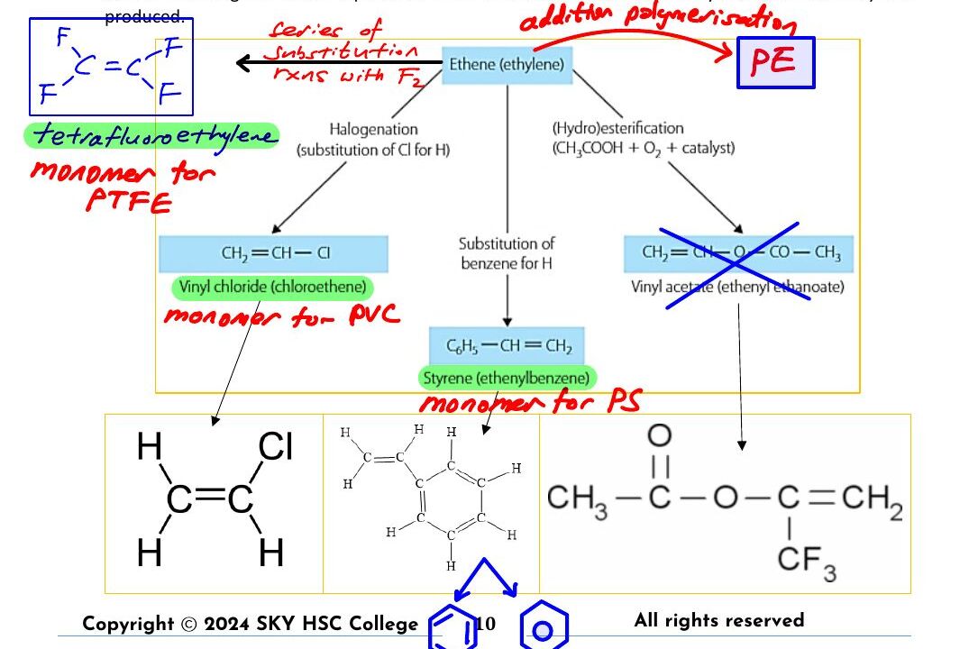 Starting from ethene: 4 derivative monomers (tetrafluoroethene → PTFE, chloroethene → PVC, styrene → PS, ethene itself → PE). Vinyl acetate branch crossed out as out of syllabus.