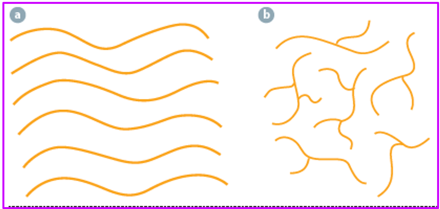 (a) HDPE: linear chains tightly packed in parallel — crystalline. (b) LDPE: highly branched chains tangled randomly — amorphous.