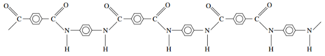 Kevlar (para-aramid) repeating unit: aromatic rings linked by amide bonds (–C(=O)–N(H)–) along the chain