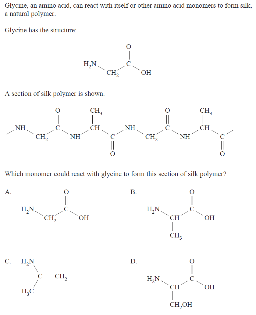 2024 HSC Question 14: Glycine + ? → silk polymer section showing alternating amino acid residues; 4 monomer options